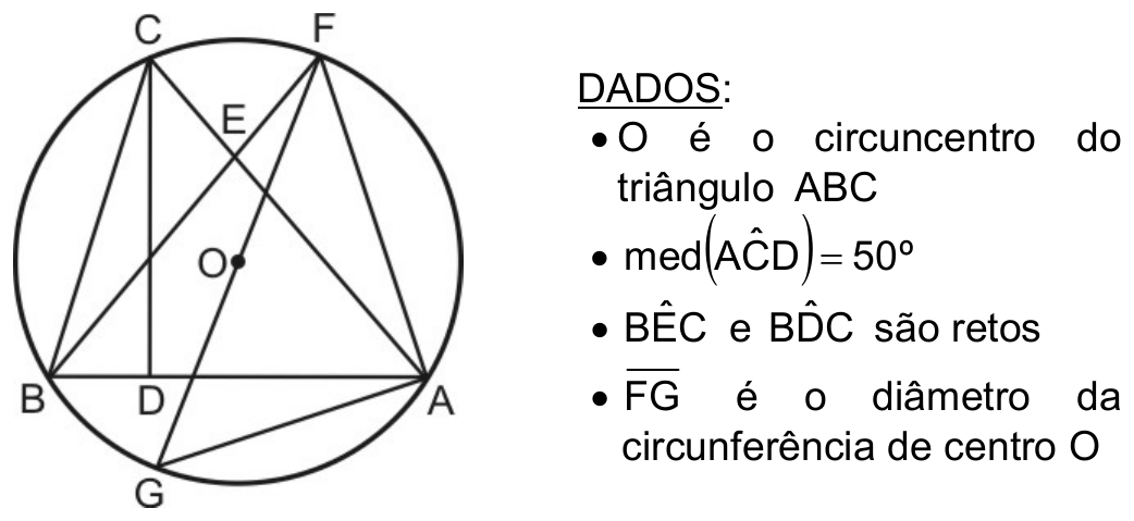 Circunferência de centro O com o triângulo ABC inscrito (B à esquerda, A à direita, C no alto); D é o pé da perpendicular traçada de C sobre BA e E é o ponto de CA na perpendicular traçada de B; FG é um diâmetro que passa por O, com F no arco superior e G no arco inferior; os segmentos AF e AG estão traçados. Quadro DADOS: O é o circuncentro do triângulo ABC; med(AĈD) = 50º; BÊC e BD̂C são retos; FG é o diâmetro da circunferência de centro O.