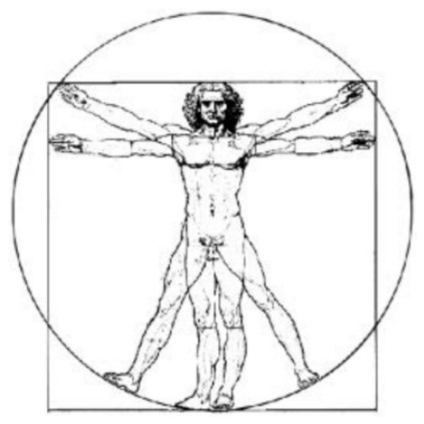 Desenho do Homem Vitruviano, de Leonardo da Vinci: figura masculina com braços e pernas em duas posições sobrepostas, inscrita em um círculo e em um quadrado.
