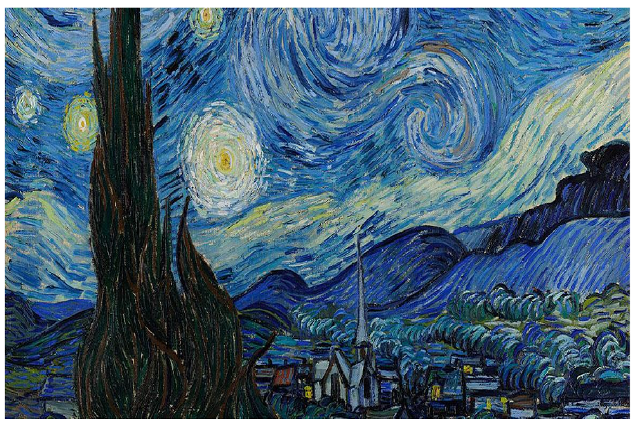 Reprodução da pintura Noite Estrelada, de Van Gogh: céu noturno com espirais, estrelas e lua, um cipreste escuro em primeiro plano e uma pequena vila com igreja abaixo.