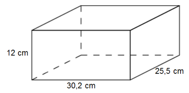 Desenho de um paralelepípedo retângulo com arestas visíveis em linha cheia e ocultas tracejadas, com as medidas indicadas: 12 cm de altura, 30,2 cm de comprimento e 25,5 cm de profundidade.