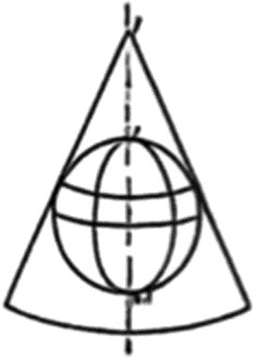 Esfera com meridianos e paralelos envolvida por um cone com o vértice para cima, alinhado ao eixo polar tracejado vertical.