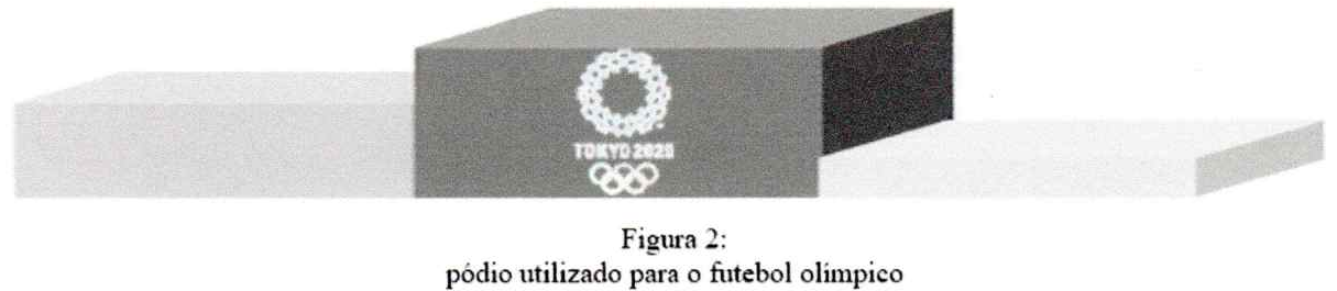 Figura 2: pódio utilizado para o futebol olímpico — três blocos justapostos, mais largos e mais baixos que os da Figura 1, com o logotipo Tokyo 2020 no bloco central.