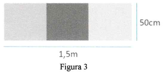 Figura 3: vista da base do pódio — retângulo formado por três quadrados iguais lado a lado, com comprimento total de 1,5m e largura de 50cm.