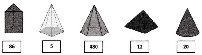 Cinco sólidos, cada um com um número abaixo, da esquerda para a direita: prisma de base triangular (86); pirâmide de base hexagonal (5); pirâmide de base pentagonal (480); pirâmide de base quadrada (12); cone (20).