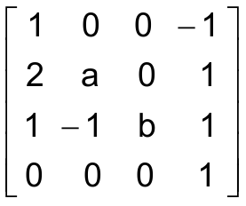 Matriz 4 por 4 com linhas: 1, 0, 0, −1; 2, a, 0, 1; 1, −1, b, 1; 0, 0, 0, 1.