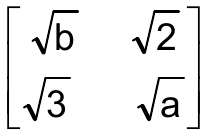 Matriz 2 por 2 com linhas: raiz de b, raiz de 2; raiz de 3, raiz de a.