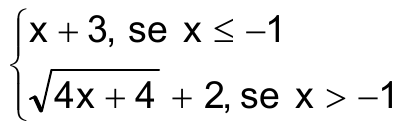 Expressão por partes: x + 3, se x ≤ −1; raiz de (4x + 4), mais 2, se x > −1.