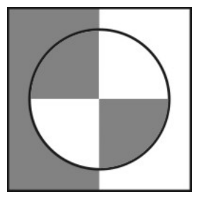 Fotografia com metade esquerda escura; na região circular da lente, quadrantes alternados: superior esquerdo escuro, superior direito claro, inferior esquerdo claro e inferior direito escuro.