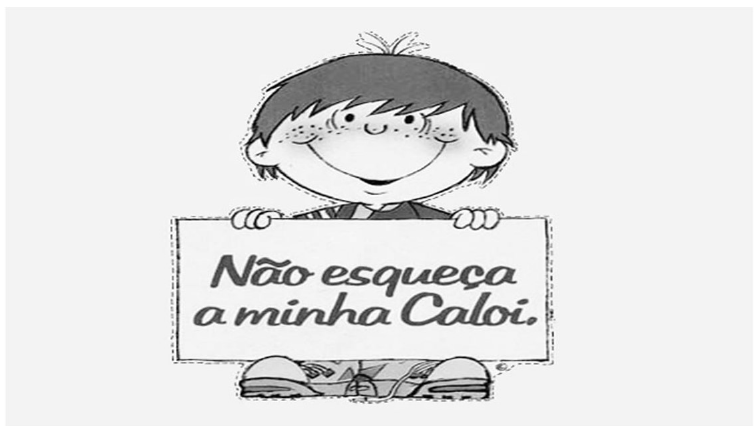 Desenho de um menino sorridente segurando uma placa com os dizeres "Não esqueça a minha Caloi."