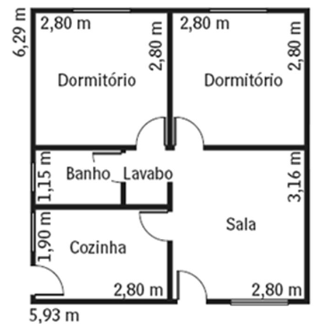 Planta baixa de uma casa retangular de 5,93 m por 6,29 m. Na parte superior, dois dormitórios quadrados lado a lado, cada um com lados de 2,80 m. Abaixo, à esquerda, banho (1,15 m) e cozinha (1,90 m, largura 2,80 m); à direita, lavabo e sala (3,16 m por 2,80 m).