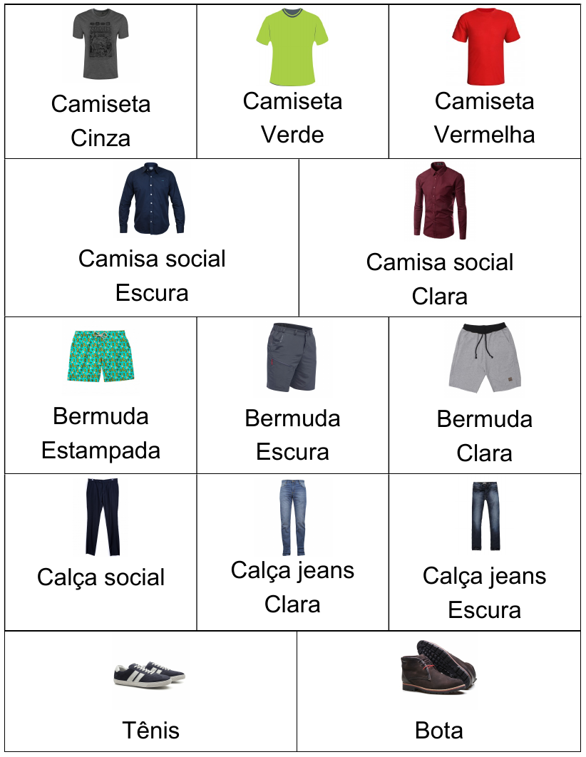 Quadro com fotos das peças do armário cápsula: Camiseta Cinza, Camiseta Verde, Camiseta Vermelha; Camisa social Escura, Camisa social Clara; Bermuda Estampada, Bermuda Escura, Bermuda Clara; Calça social, Calça jeans Clara, Calça jeans Escura; Tênis, Bota.
