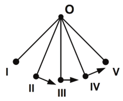 Alternativa B: nenhum vetor em I e V; em II, III e IV, vetores tangentes à trajetória apontando para a direita.