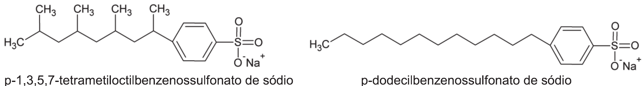 Fórmulas estruturais: p-1,3,5,7-tetrametiloctilbenzenossulfonato de sódio (cadeia ramificada com quatro grupos CH₃ ligada ao anel benzênico, que tem em para o grupo –SO₃⁻ Na⁺) e p-dodecilbenzenossulfonato de sódio (cadeia linear de 12 carbonos ligada ao anel, com –SO₃⁻ Na⁺ em para).