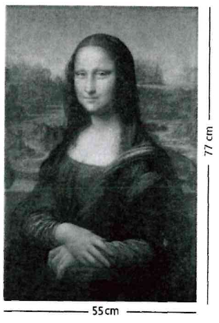 Reprodução da Mona Lisa com as cotas: altura 77 cm (lateral direita) e largura 55 cm (base).