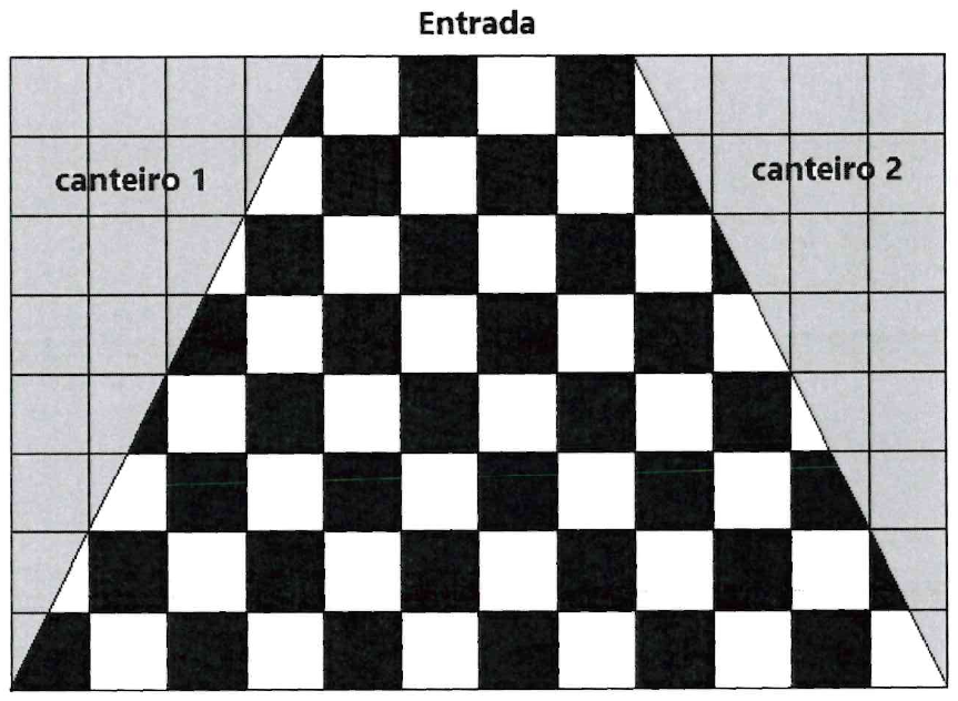 Esboço do piso, com a indicação “Entrada” no topo: retângulo quadriculado de 12 colunas por 8 linhas de quadrados iguais. A região central, em forma de trapézio (mais estreita em cima), tem azulejos pretos e brancos alternados; nas laterais, dois triângulos cinza quadriculados, “canteiro 1” à esquerda e “canteiro 2” à direita, cujas hipotenusas cortam alguns azulejos.