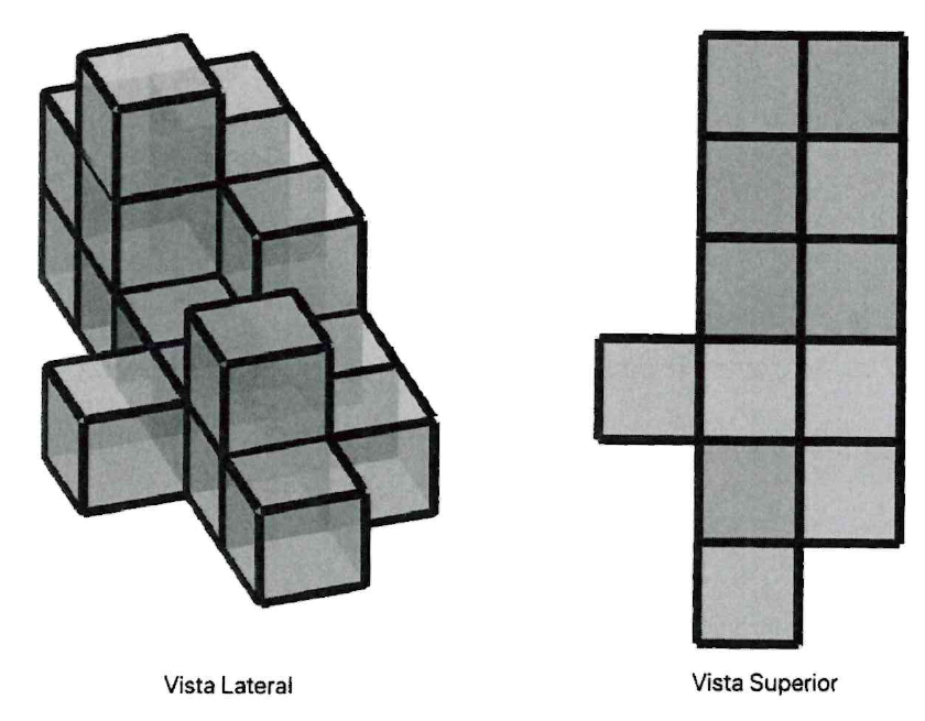 Pilha de caixas cúbicas em duas vistas: “Vista Lateral”, em perspectiva, mostrando cubos empilhados em alturas diferentes; e “Vista Superior”, mostrando uma coluna dupla de 5 linhas de quadrados (2 × 5), com um quadrado a mais à esquerda na 4ª linha e um quadrado a mais abaixo, na coluna esquerda.