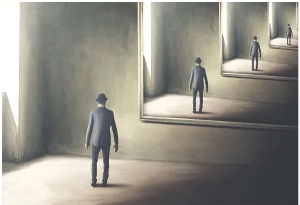 Ilustração (Figura 1): um homem de terno e chapéu, de costas, diante de um grande espelho que reflete o mesmo homem repetidas vezes, em sequência cada vez menor.