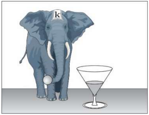 Ilustração de um elefante segurando uma esfera com a tromba, ao lado de uma taça de formato cônico com água.