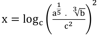 Expressão: x = logaritmo na base c de (a elevado a 1/5 vezes raiz cúbica de b, dividido por c²), tudo elevado ao quadrado.