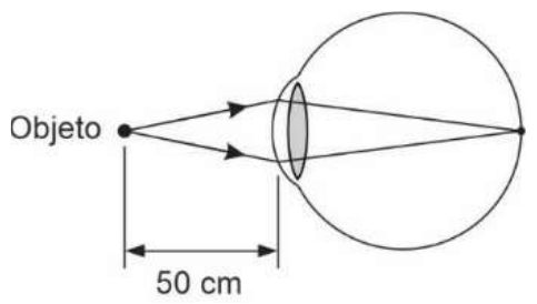 Olho com objeto a 50 cm; os raios convergem sobre a retina.