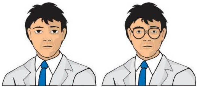Dois desenhos do mesmo jovem: à esquerda sem óculos; à direita com óculos, em que os olhos aparecem menores.