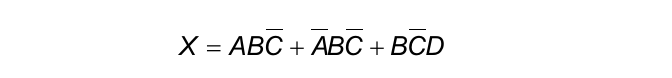 Expressão booleana: X = A·B·C barrado + A barrado·B·C barrado + B·C barrado·D (C barrado nos três termos; A barrado no segundo termo).