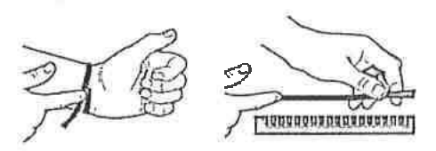 Ilustração de duas mãos medindo o perímetro do pulso: em uma, uma fita envolve o pulso; na outra, a fita é comparada com uma régua.