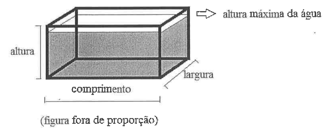 Aquário em forma de paralelepípedo, com as indicações altura, comprimento e largura e uma seta apontando a altura máxima da água, abaixo do topo. Legenda: figura fora de proporção.