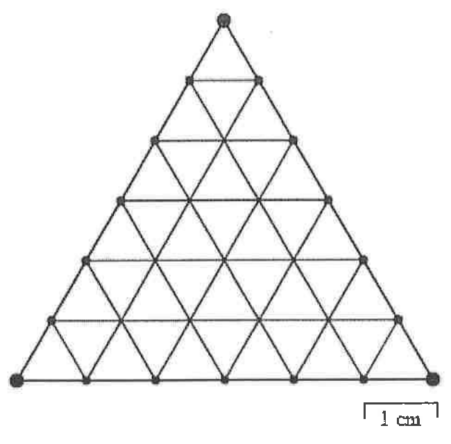 Triângulo equilátero de lado 6 cm dividido por segmentos paralelos aos lados em 36 triângulos equiláteros menores de lado 1 cm, com escala de 1 cm.