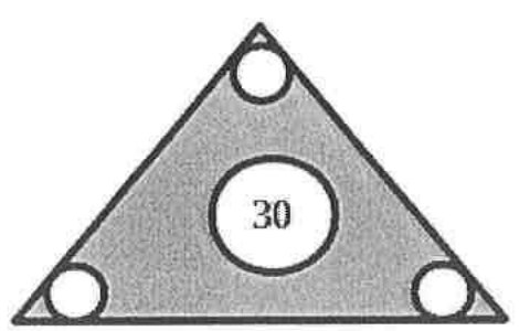 Visor triangular cinza com um círculo central contendo o número 30 e três círculos menores, um em cada vértice do triângulo.