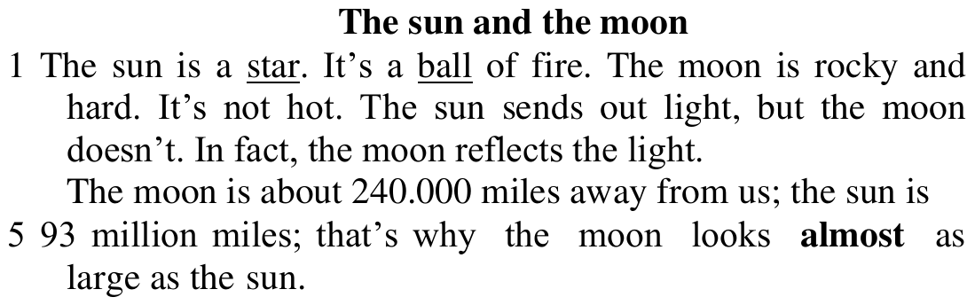 Texto “The sun and the moon”, com linhas numeradas (1 e 5), as palavras “star” e “ball” sublinhadas e “almost” em negrito.