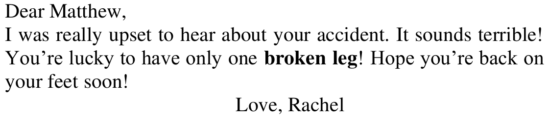 Bilhete: “Dear Matthew, I was really upset to hear about your accident. It sounds terrible! You’re lucky to have only one broken leg! Hope you’re back on your feet soon! Love, Rachel”, com “broken leg” em negrito.