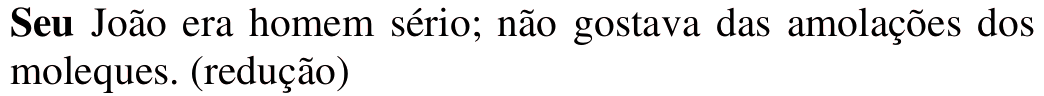Seu João era homem sério; não gostava das amolações dos moleques. (redução) Palavra em destaque: Seu.