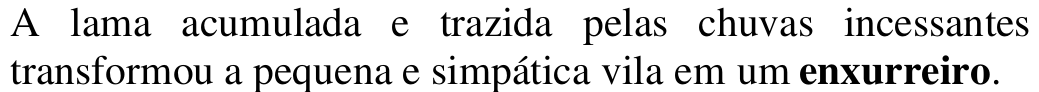 A lama acumulada e trazida pelas chuvas incessantes transformou a pequena e simpática vila em um enxurreiro. Termo em destaque: enxurreiro.