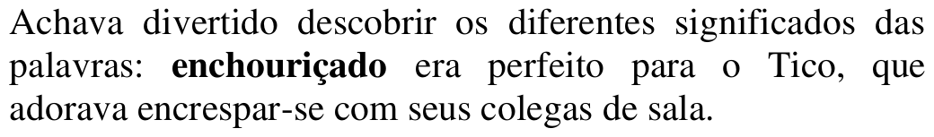 Achava divertido descobrir os diferentes significados das palavras: enchouriçado era perfeito para o Tico, que adorava encrespar-se com seus colegas de sala. Termo em destaque: enchouriçado.
