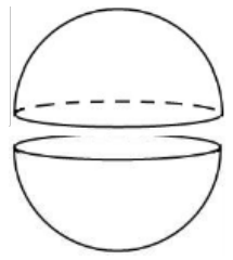 Esfera cortada ao meio, mostrando duas semiesferas separadas, uma acima da outra.
