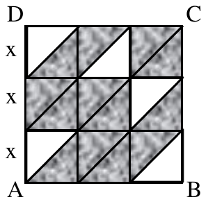Quadrado ABCD dividido em 3 × 3 quadrados de lado x, cada um cortado por uma diagonal em dois triângulos; vários triângulos estão sombreados.