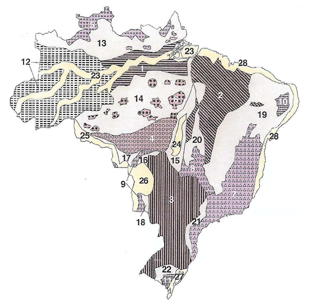 Mapa das unidades de relevo brasileiro segundo Ross, com as unidades numeradas de 1 a 28 distinguidas por diferentes padrões de hachura e cor.
