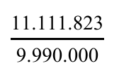 Fração com numerador 11.111.823 e denominador 9.990.000.