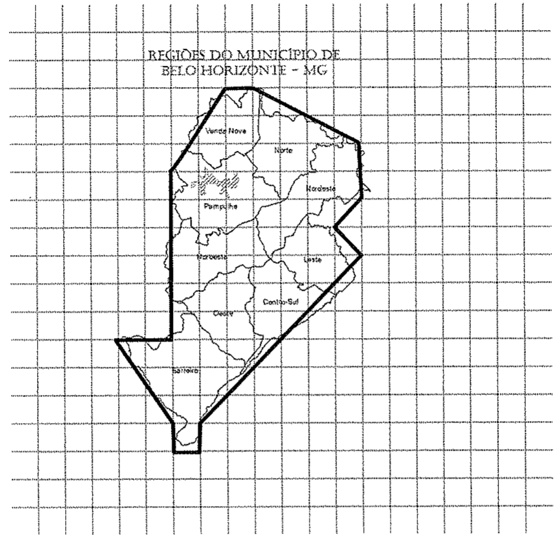 Mapa das regiões do município de Belo Horizonte – MG sobre uma malha quadriculada, com o contorno do município aproximado por um polígono de segmentos de reta traçado sobre a malha.