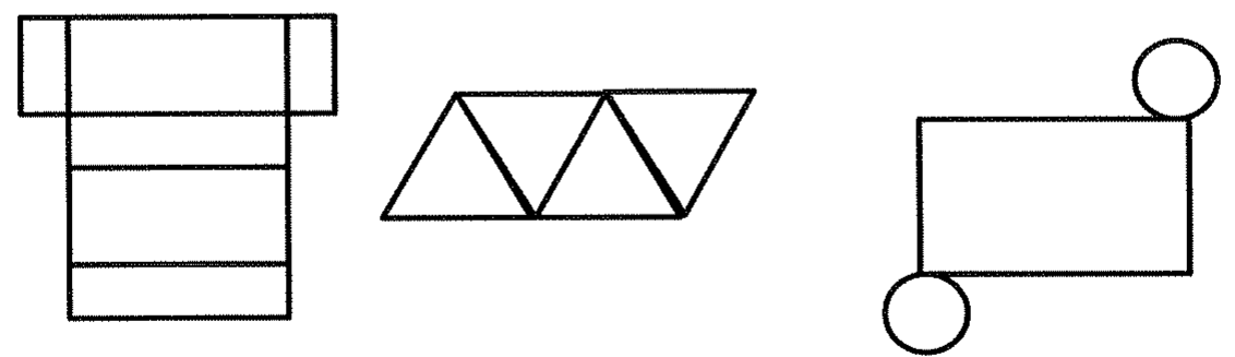 Três moldes (planificações): o primeiro formado por retângulos, com uma faixa vertical de quatro retângulos e dois retângulos menores nas laterais do topo; o segundo formado por quatro triângulos lado a lado; o terceiro formado por um retângulo com um círculo junto ao canto superior direito e outro junto ao canto inferior esquerdo.