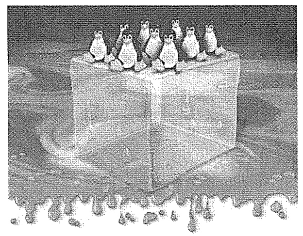 Ilustração de um bloco de gelo em forma de cubo derretendo, com pinguins sobre ele.