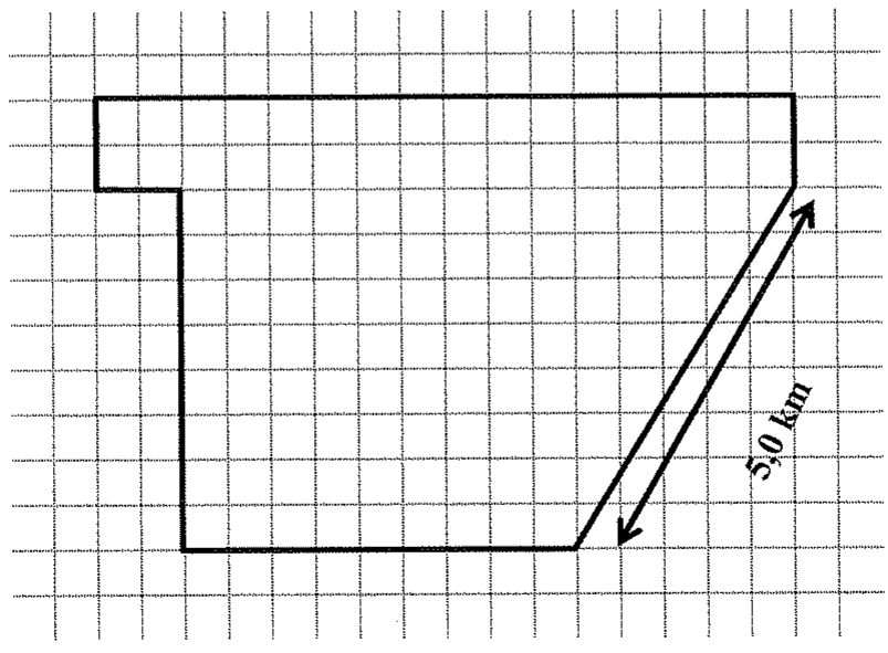 Croqui de uma fazenda em malha quadriculada: polígono com lado superior horizontal longo, um pequeno degrau no canto superior esquerdo, lado esquerdo vertical, lado inferior horizontal e um lado inclinado à direita, indicado por uma seta com a medida 5,0 km.