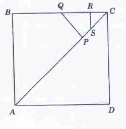 Quadrado ABCD com a diagonal AC; pontos Q e R no lado BC, segmentos de Q e de R até a diagonal, nos pontos P e S.