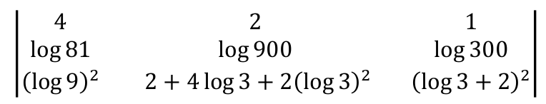 Determinante 3×3. Linha 1: 4, 2, 1. Linha 2: log 81, log 900, log 300. Linha 3: (log 9)², 2 + 4 log 3 + 2(log 3)², (log 3 + 2)².