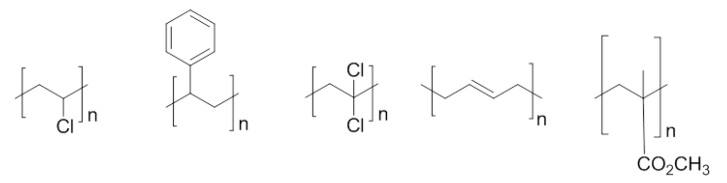 Cinco unidades repetitivas entre colchetes com índice n, em linha de esqueleto: mero com um Cl; mero com grupo fenil; mero com dois Cl no mesmo carbono; mero com dupla ligação na cadeia principal; mero com metil e CO2CH3 no mesmo carbono.