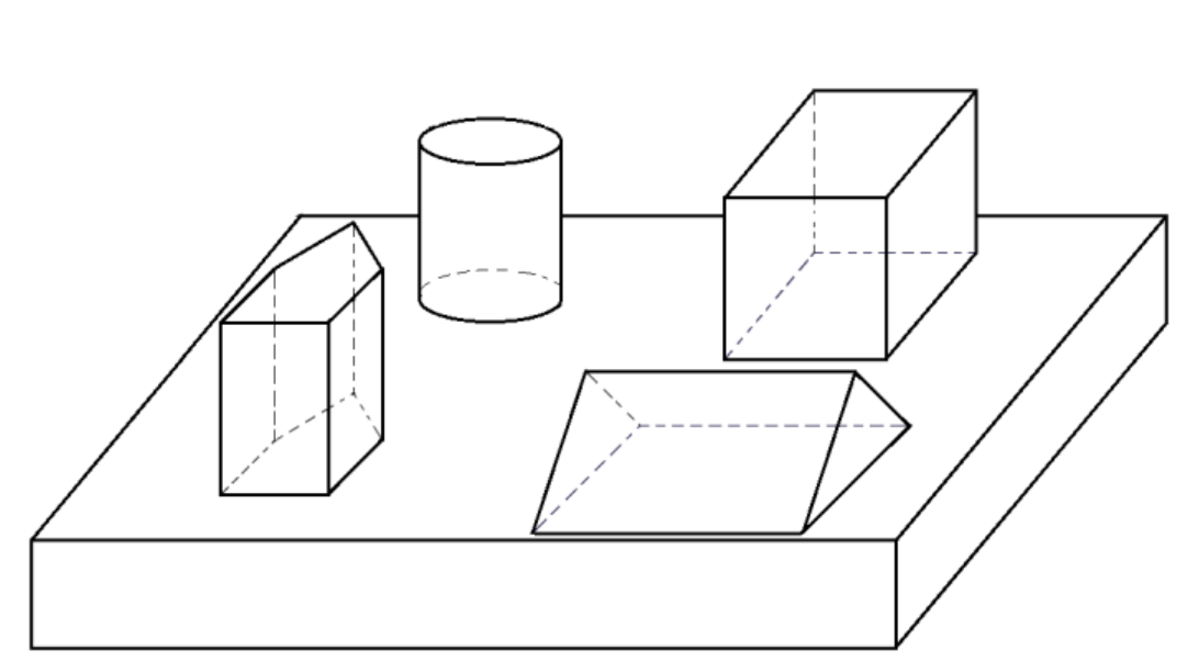 Desenho em perspectiva de um paralelepípedo retângulo sobre o qual estão um prisma pentagonal, um cilindro, um cubo e um prisma triangular deitado.
