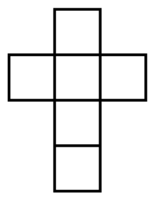 Seis quadrados em forma de cruz: uma coluna de quatro quadrados com um quadrado de cada lado do segundo quadrado.