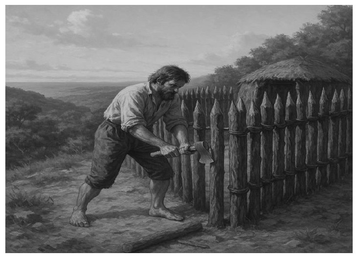 Ilustração em tons de cinza: um homem barbudo, de roupas simples e gastas e descalço, usa um machado para trabalhar numa cerca alta de estacas pontiagudas no alto de uma colina; atrás da cerca há uma cabana com teto de palha e, ao fundo, vegetação e um vale.