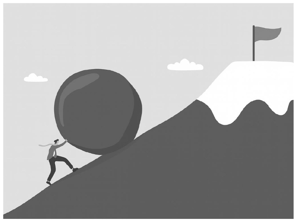 Ilustração em tons de cinza: uma pessoa empurra uma grande bola de pedra ladeira acima, numa encosta íngreme que leva ao topo de uma montanha com neve, onde há uma bandeira fincada.